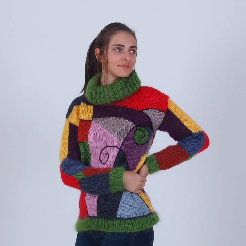 Colorblock Roll Neck Mohair Sweater - Merinossa